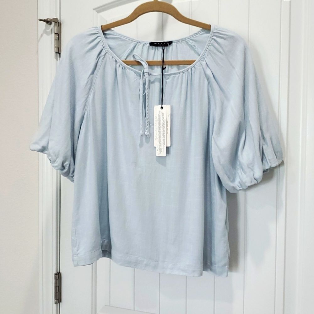 NWT Maven West Sz Lg Womens Blue Crop Pouf Sleeve Linen Boho Blouse